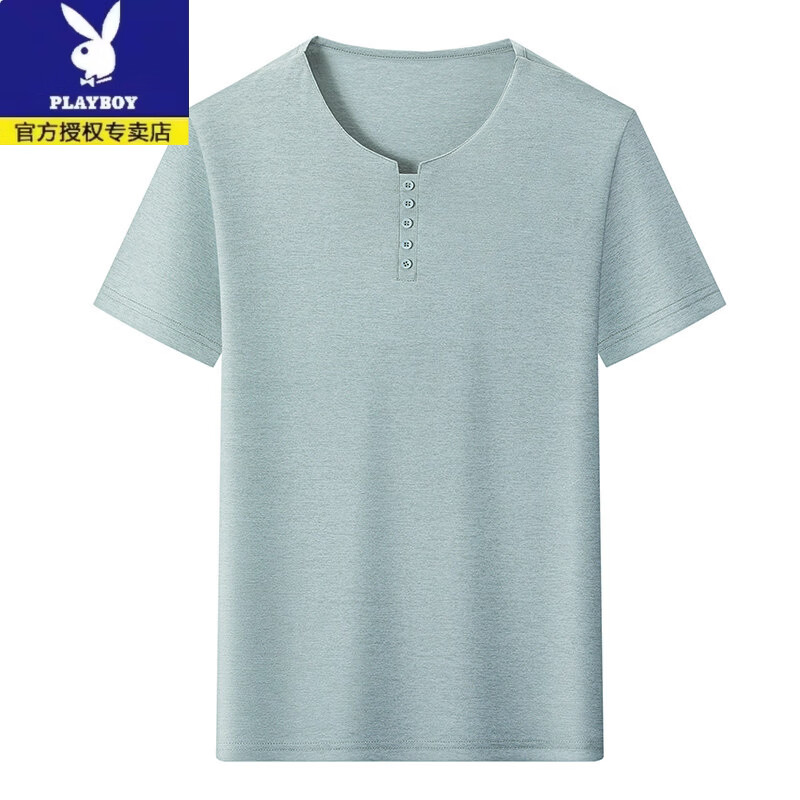 花花公子(PLAYBOY)高端2026新款男士短袖T恤冰丝V领薄款半袖宽松透气休闲上衣 8728军绿-汇格 M 165【建议100-120斤】