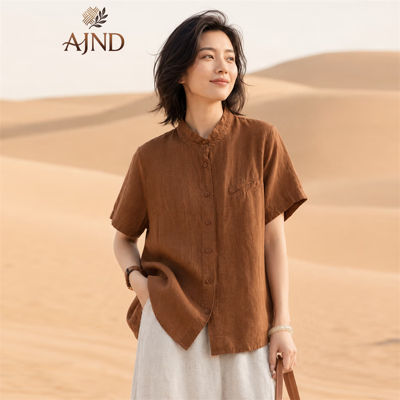 AJND高档妈妈装100%亚麻衬衫女短袖文艺范小翻领衬衣女宽松休闲上衣 橘黄色 XL