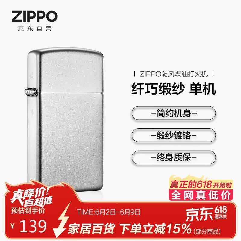 ZIPPO打火机之宝防风煤油 纤巧缎纱镀铬 生日礼物送男友送老公 单机