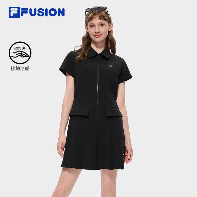FILA FUSION斐乐潮牌女子梭织连衣裙2026秋季新款休闲凉感衬衫裙子 正黑色-BK L 170/88A/L