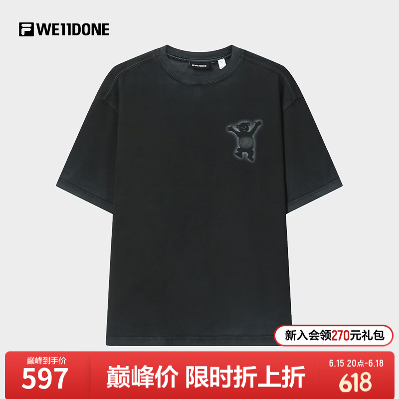 FILA x WE11DONE 斐乐男子针织短袖衫2026夏季新款百搭通勤宽松纯棉T 蓝墨黑-BK L 175/96A/L