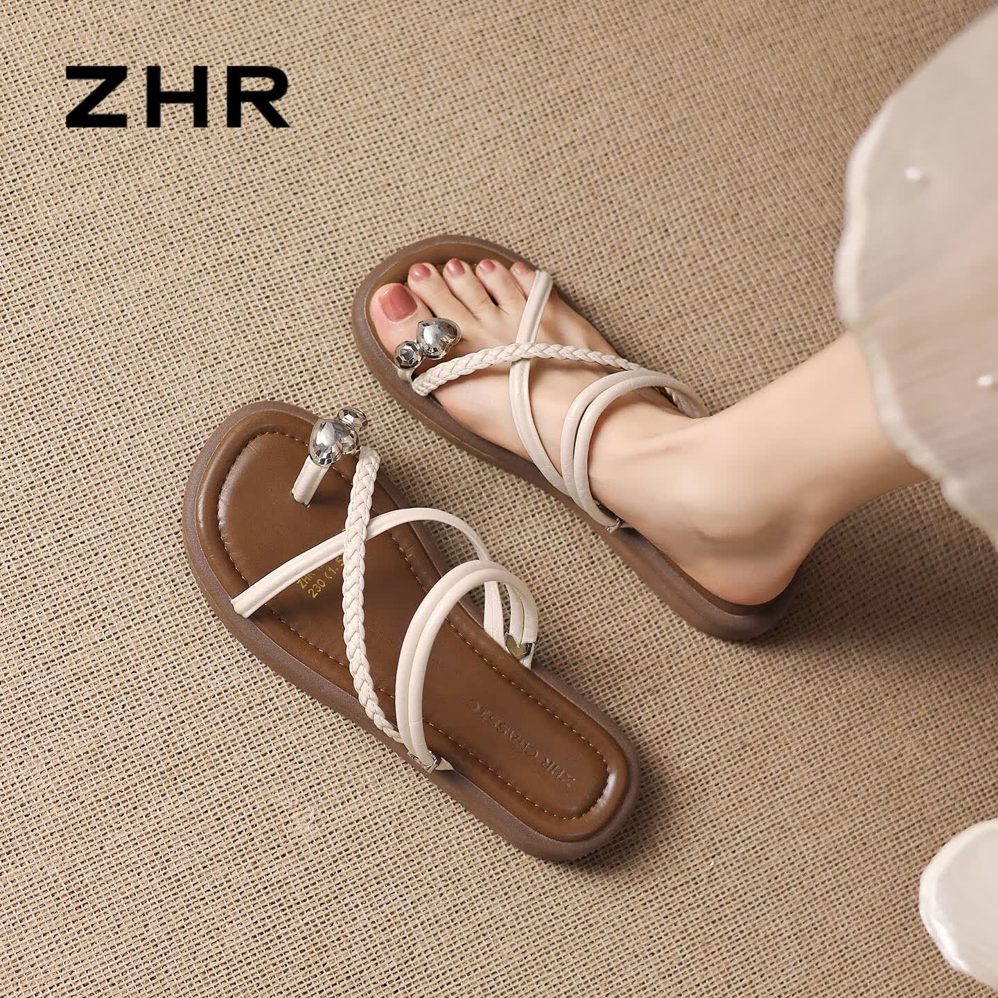 ZHR则则平底凉鞋女款夏新款罗马编织夹趾拖鞋外穿配裙子凉拖KN383米色37