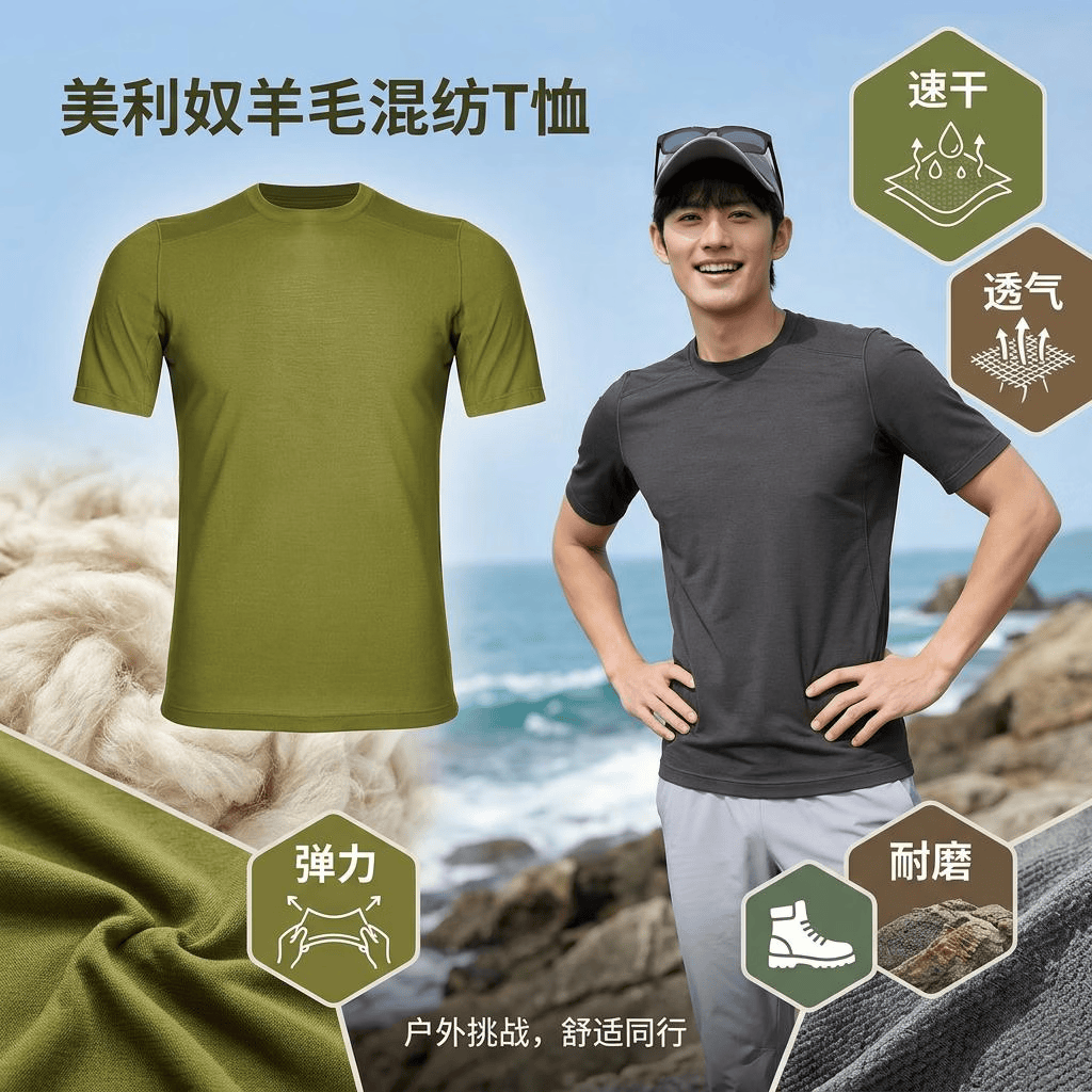 灰壳美利奴羊毛速干短袖t恤男款户外登山徒步透气弹力耐磨上衣 深麻灰 XL 推荐体重165-180斤