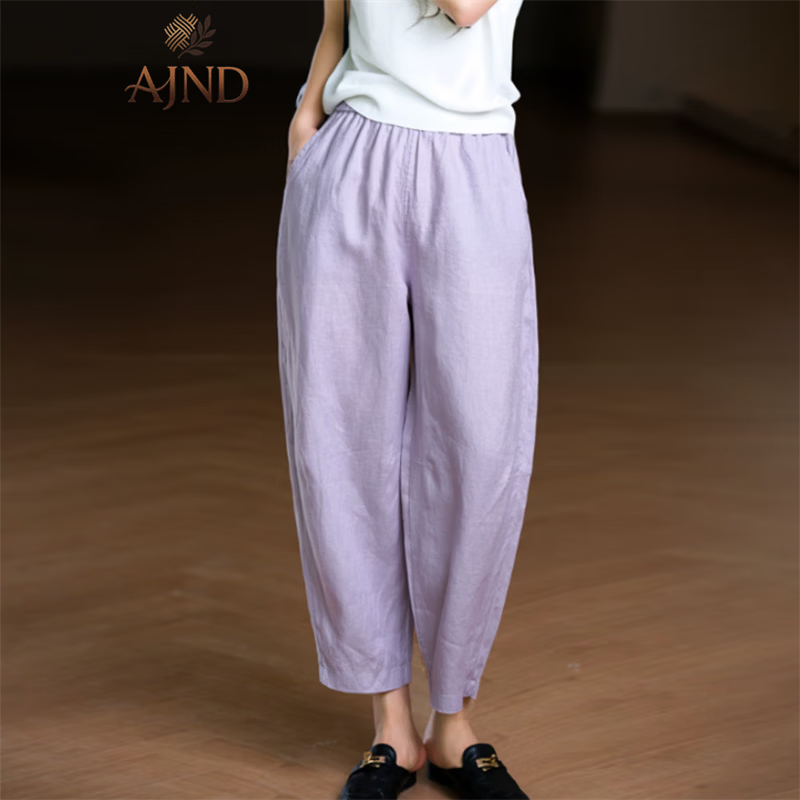 AJND品牌夏季亚麻九分裤女宽松遮肉显瘦哈伦裤女宽松薄款凉爽垂坠麻裤 香芋紫 L 建议145斤以内