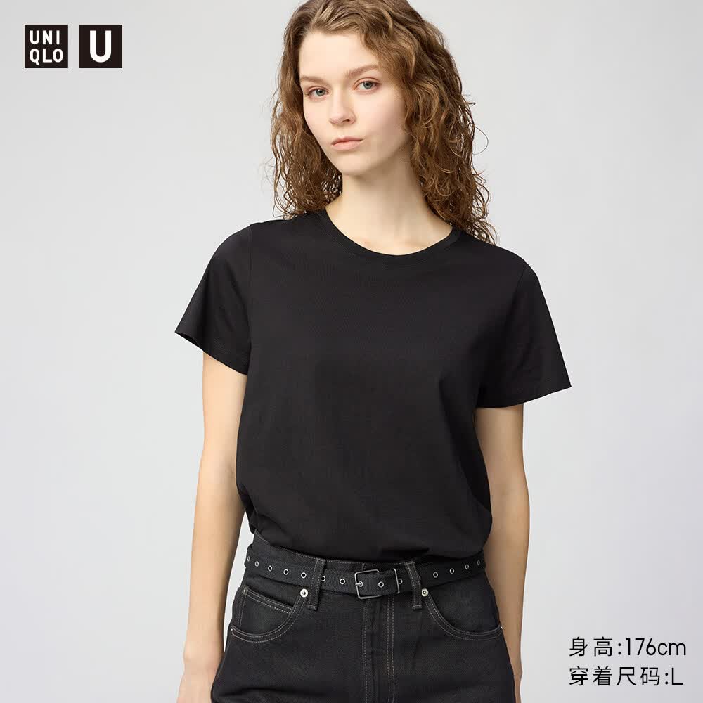 优衣库SUPIMA COTTON短袖T恤女装合作款/圆领纯棉打底内搭483461 09 黑色 M