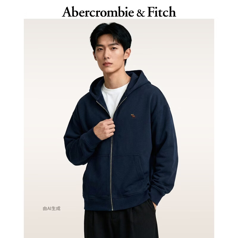 Abercrombie &amp; Fitch经典小麋鹿图案美式复古毛圈布连帽卫衣外套26春男装122-6183 深海军蓝 S (175/92A) 尺码偏大，建议小一码