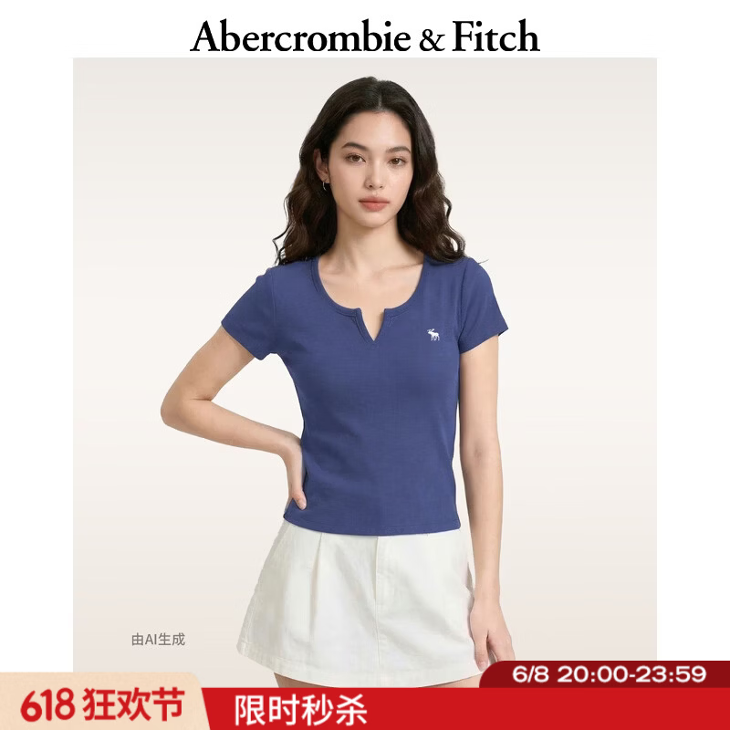 Abercrombie &amp; Fitch经典小麋鹿图案美式舒适百搭修身小V领短袖T恤26夏女装139-6238 海军蓝 L (165/104A)