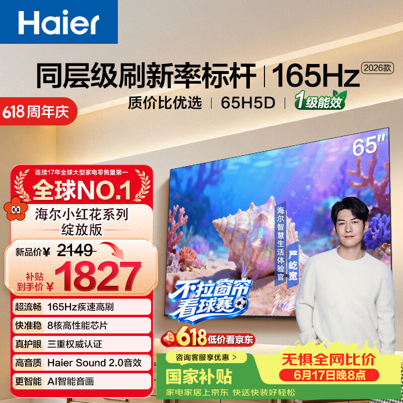 海尔小红花电视65英寸8折特惠，国家补贴后仅需2149元