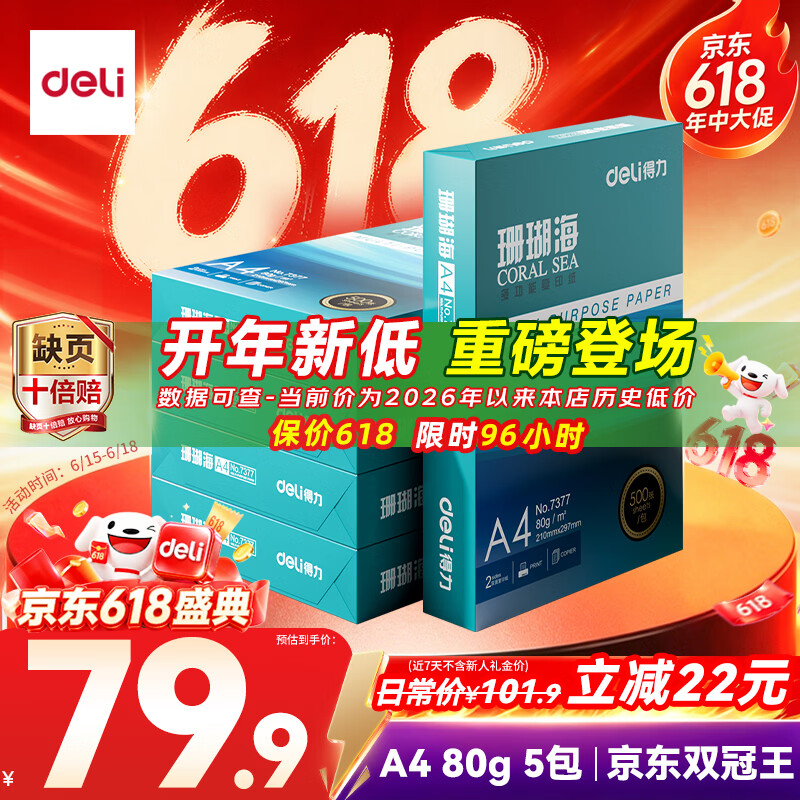 得力（deli）珊瑚海A4打印纸 80g500张*5包一箱 双面使用 加厚复印纸 整箱2500张7378【销冠系列】