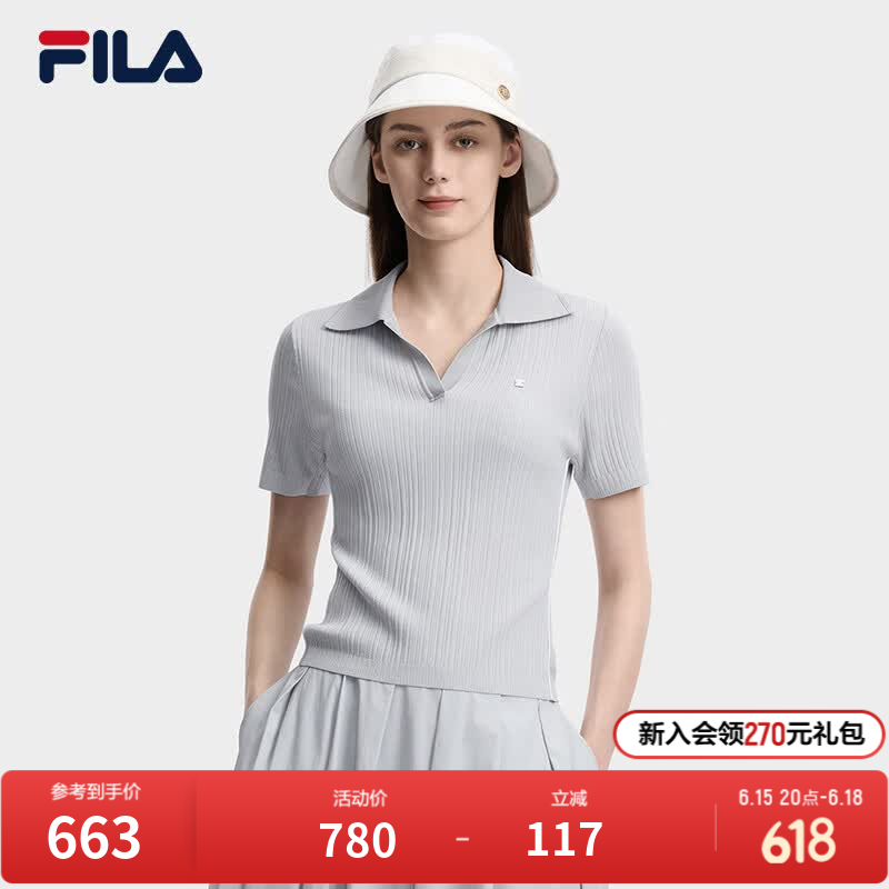 FILA 斐乐官方女子编织衫2026夏季新款时尚休闲简约修身短袖上衣 山岩灰-GY M 165/84A/M