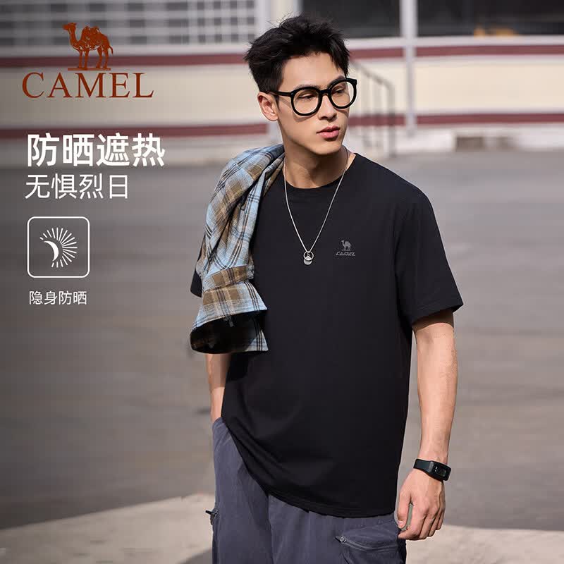 骆驼（CAMEL）运动T恤短袖男女同款冰感2026春夏柔软速干抗防晒休闲体恤 C36BZ07094，幻影黑，中性 L