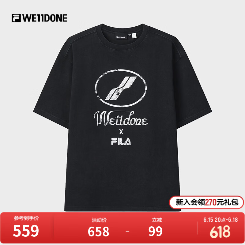 FILA x WE11DONE斐乐情侣针织短袖衫男2026夏新款百搭宽松纯棉T恤 深黑-BK M 170/92A/M