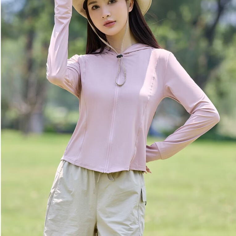 美奈貂冰丝防晒衣女夏季新款修身长袖衫轻薄款百搭防晒服大码连帽外套 粉色 XL (适合120-140斤)