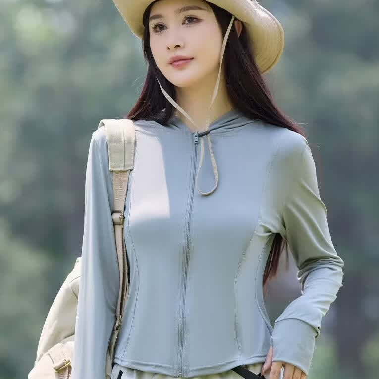 美奈貂冰丝防晒衣女夏季新款修身长袖衫轻薄款百搭防晒服大码连帽外套 粉色 XL (适合120-140斤)