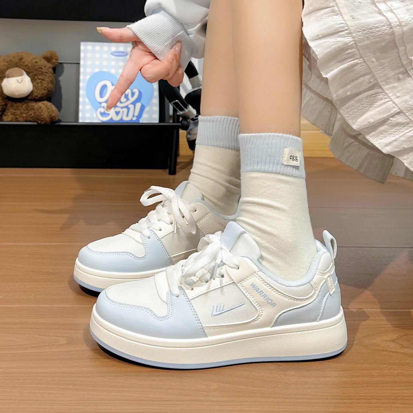 回力（Warrior）天空蓝网面透气小白鞋女2026新款夏季百搭潮鞋厚底休闲板鞋女 米白浅蓝 38