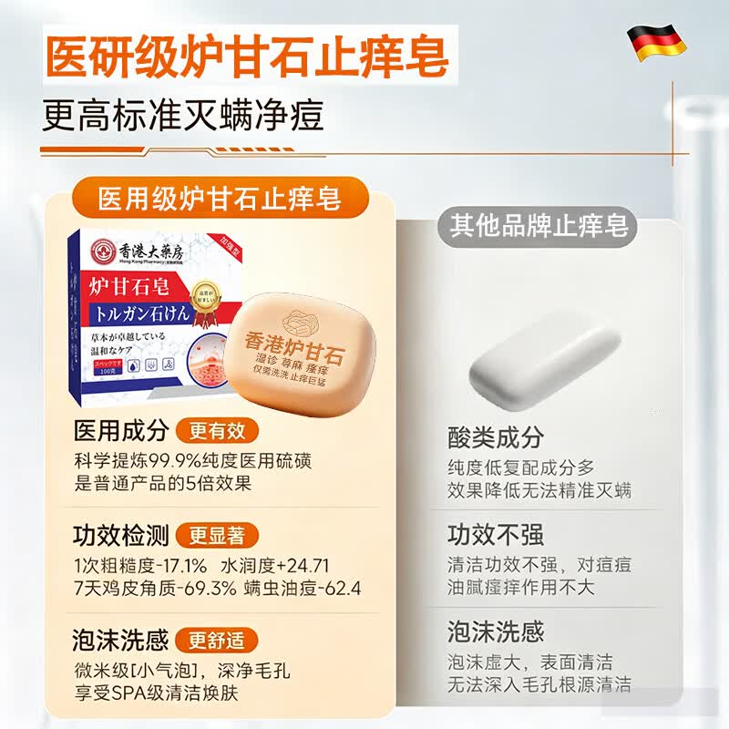 【一洗止痒】炉甘石香皂抑菌皂除螨虫全身痒皮肤干燥瘙外痒全身皂 1盒体验装【温和不刺激】全身通用