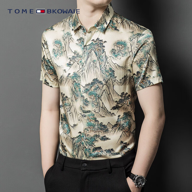 TOME BKOWAIE汤米真丝衬衫男装夏天新款印花真丝绸缎高端潮牌青中年短袖衬衣男 米白色 3XL