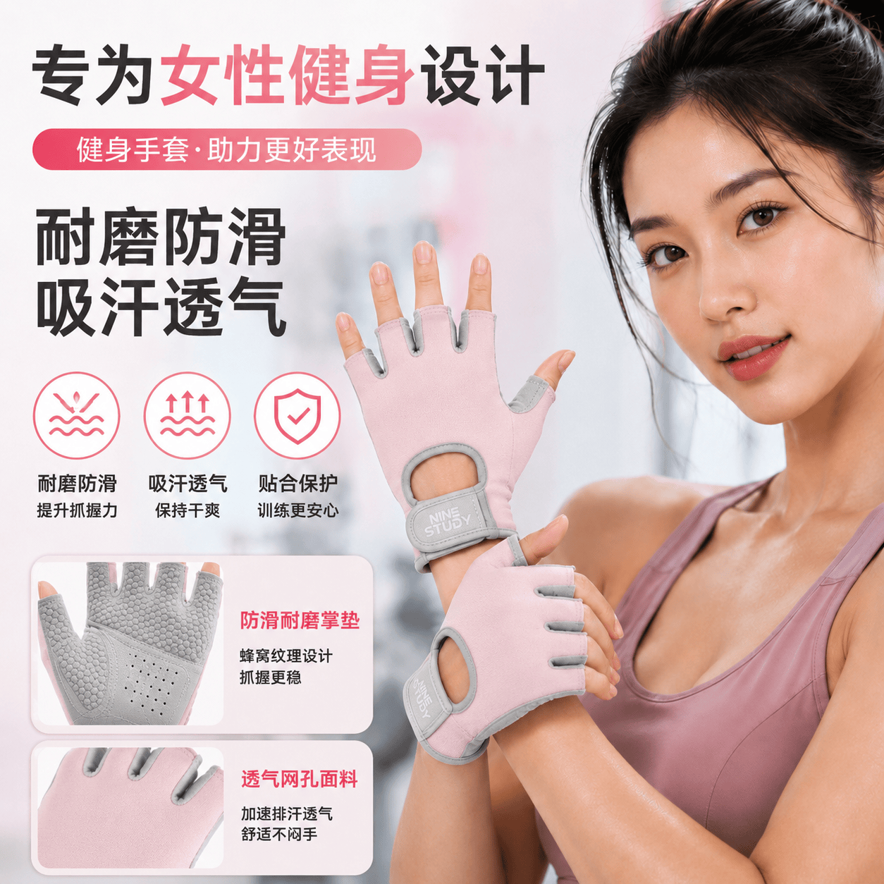 LISM日本品质半指健身手套女士健身房运动瑜伽防滑防起茧透气户外手套 【粉色】高弹SBR掌垫 L【适用于手围21-23CM】