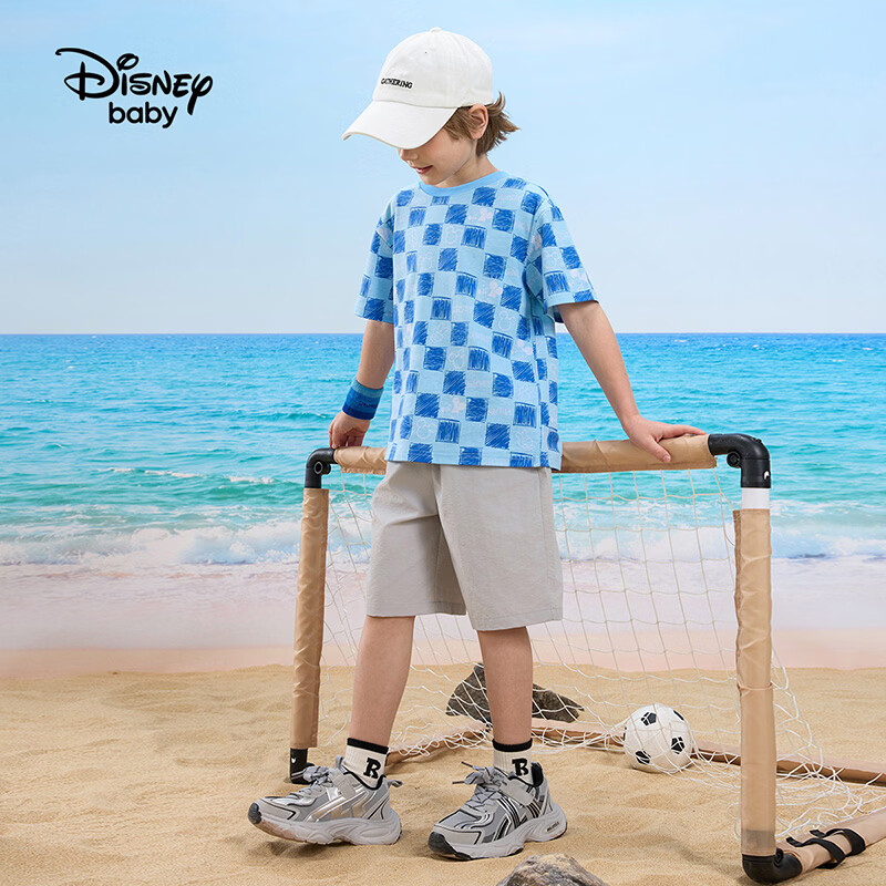 迪士尼（Disney）童装男女童运动套装夏新款跑步儿童短袖休闲两件套夏款上衣短裤 蓝底米奇格纹-纯棉 110 高105-115cm重30-40斤