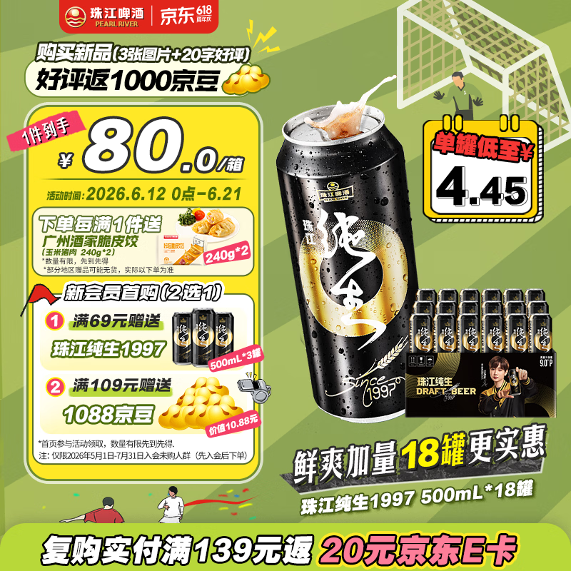 珠江啤酒（PEARL RIVER）【18罐量贩装】9度 珠江97纯生淡爽拉格啤酒 500mL*18罐 整箱装