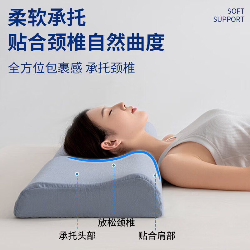 红豆(Hodo)全棉记忆棉双人长枕头成人家用护颈椎深度睡眠专用枕芯一只装男 蓝色 34x180x8cm