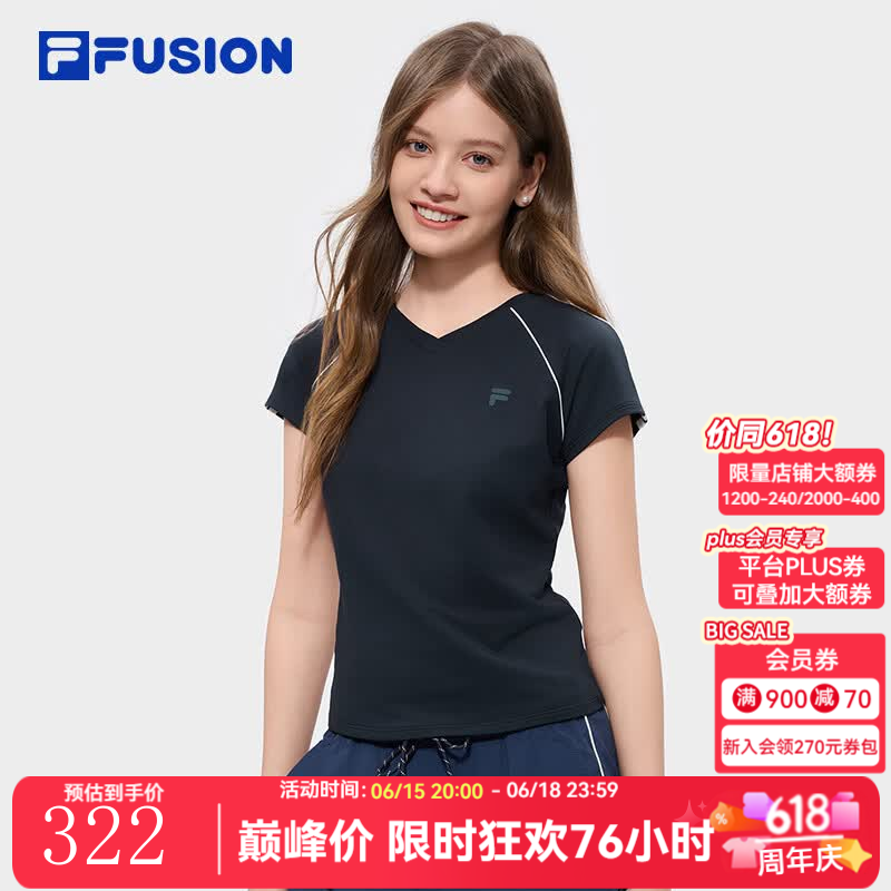 FILA FUSION斐乐田曦薇同款针织短袖2026夏新款显瘦修身V领内搭T恤女 天空船长蓝-BU 田曦薇同款 XL 175/92A/XL