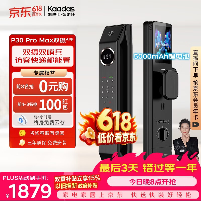 凯迪仕（KAADAS）智能门锁 双摄人脸识别可视猫眼大屏指纹锁 P30 Pro Max双摄AI版