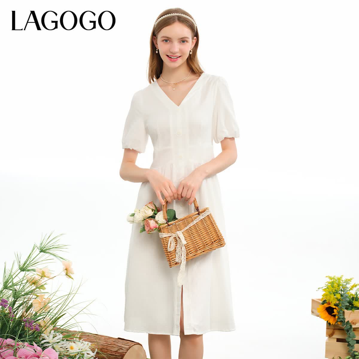 LAGOGO全棉提花舒适V领连衣裙女拉谷谷夏季新款气质泡泡袖裙子 本白色(V1) S