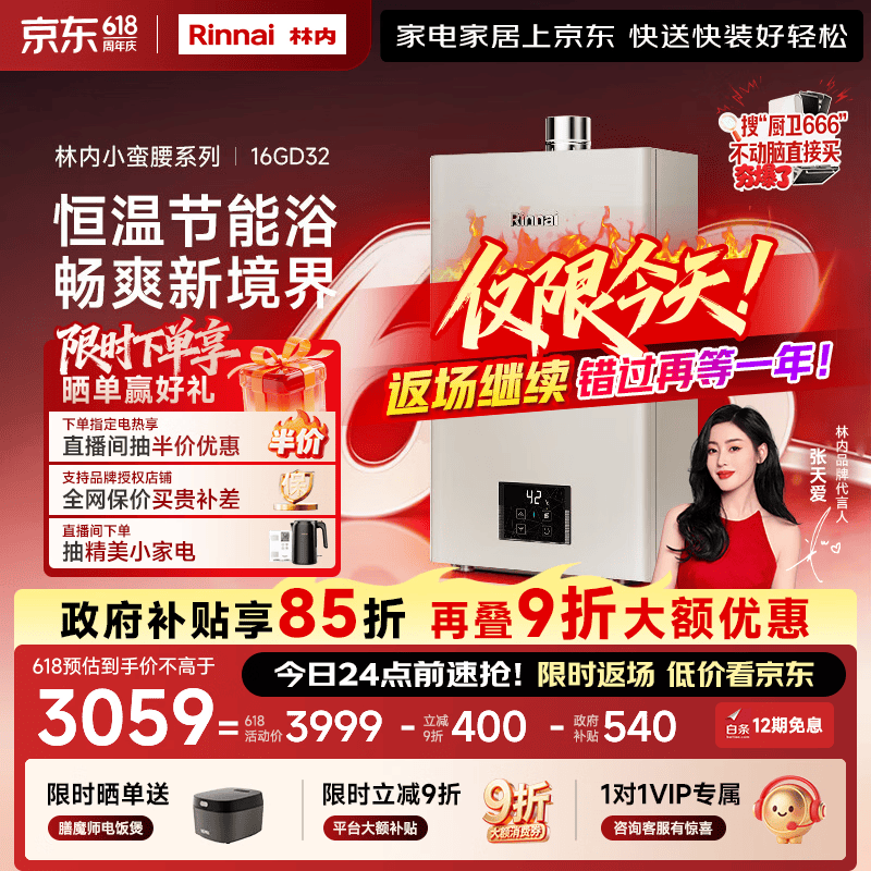 林内（Rinnai）【小蛮腰Pro】16升燃气热水器天然气热水器 恒温ECO节能 低水压启动上门安装16GD32（JSQ31-GD32）