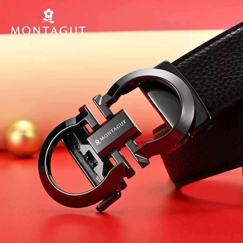 梦特娇(MONTAGUT)皮带男士自动扣真皮马年本命年红色腰带喜庆过节送礼裤带 外黑内红 130cm