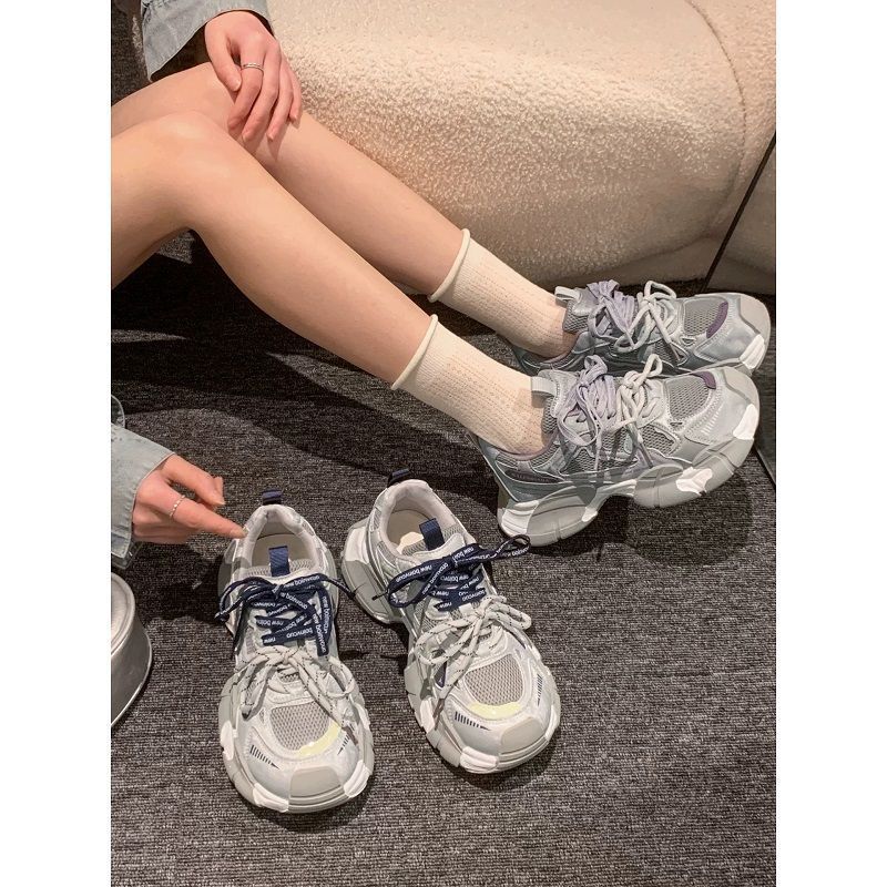 雪兰黛绑带老爹鞋女2026夏季新款软皮厚底增高鞋小个子显脚小运动休闲鞋 兰色 40