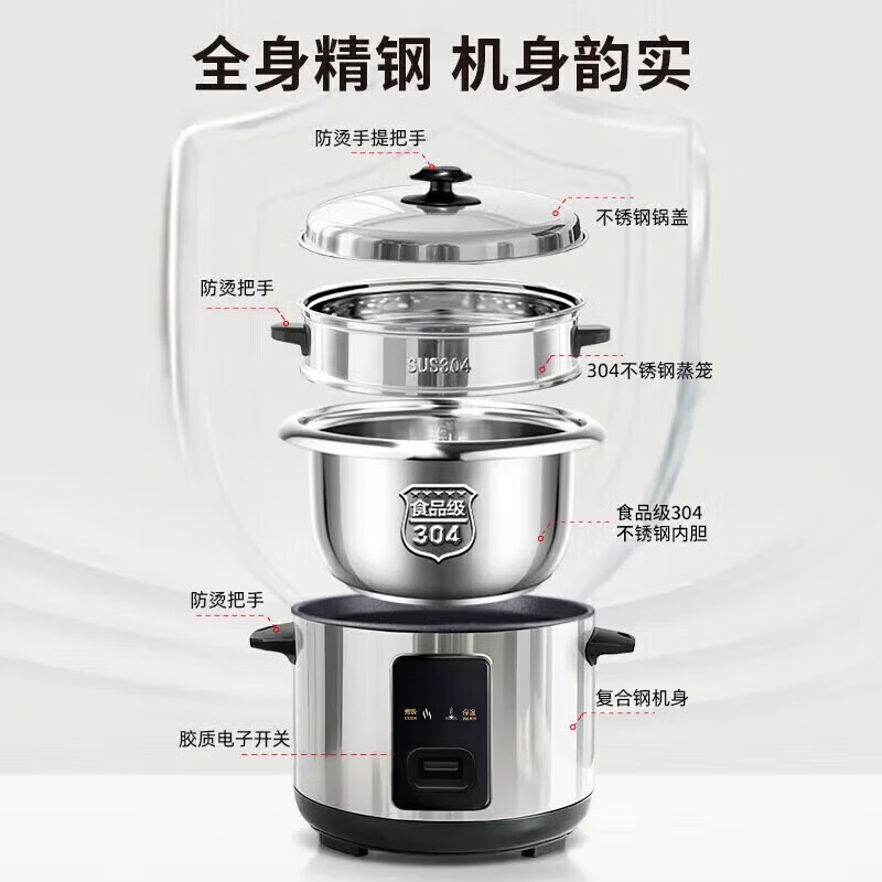 SUDISQR不锈钢电饭煲0涂层家用2-6L多功能蒸煮两用大容量柴火饭电蒸锅懒人做饭神器 银色[0涂层304不锈钢内胆] 5L