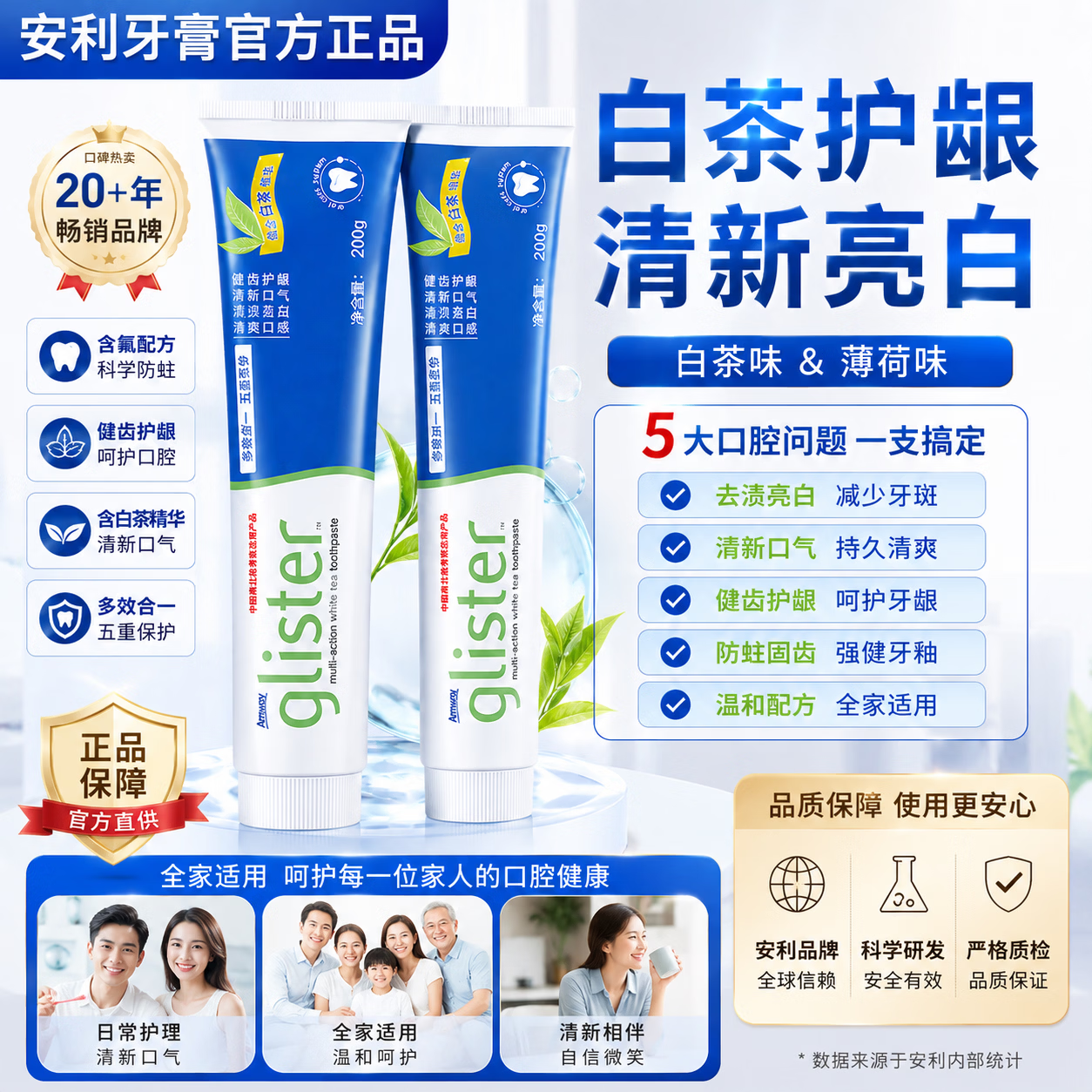 安利（Amway）正品丽齿健含氟牙膏口腔护理防蛀牙清新口气美白牙齿去黄牙牙渍 白茶1只【经典老款】
