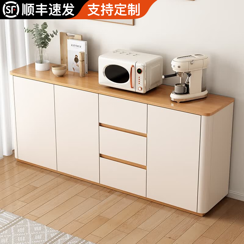 原廷实木餐边柜一体靠墙柜子客厅厨房置物储物收纳柜多功能茶柜茶边柜 暖白色+原木色台面 160cm【实木+圆弧边角】(三门三抽款)