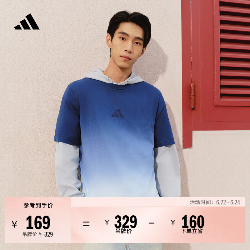 adidas渐变休闲纯棉上衣圆领短袖T恤男装夏季阿迪达斯轻运动   亮光蓝/深蓝   XL