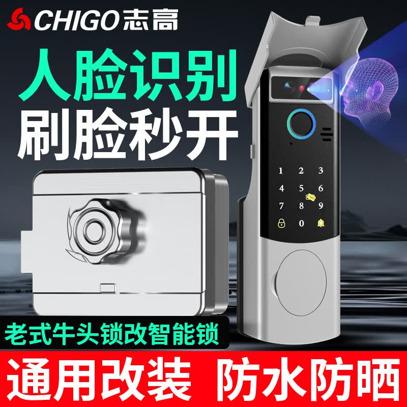 志高（CHIGO）人脸识别牛头智能锁老式不锈钢防盗门庭院铁大门改指纹密码锁防水