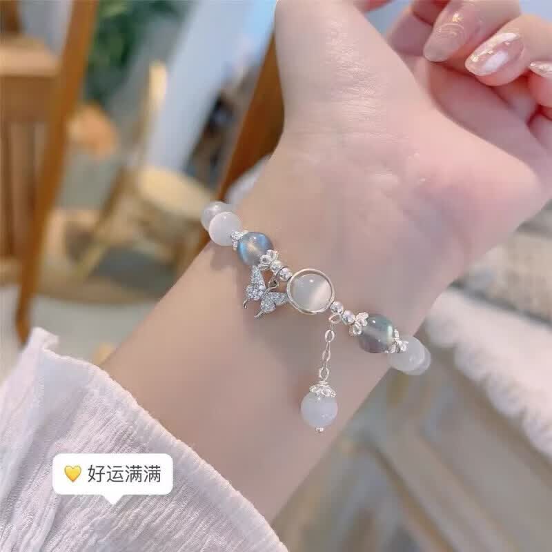 【甄选厂家】仿猫眼石蝴蝶手链女ins小众设计灰月光手串百搭气质 5#【福牌绿色珠手链】