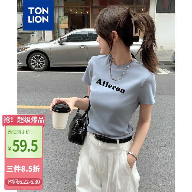 唐狮（TonLion）2025夏女圆领前胸字母短款短袖T恤休闲百搭
