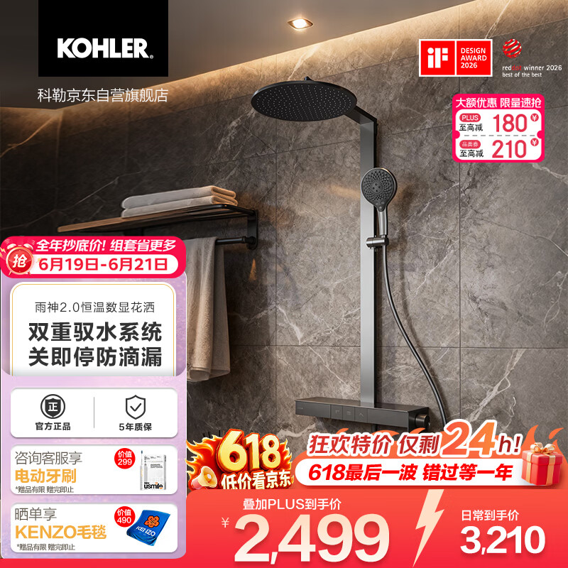 科勒（KOHLER）智能花洒淋浴套装雨神2.0恒温喷头墨影灰