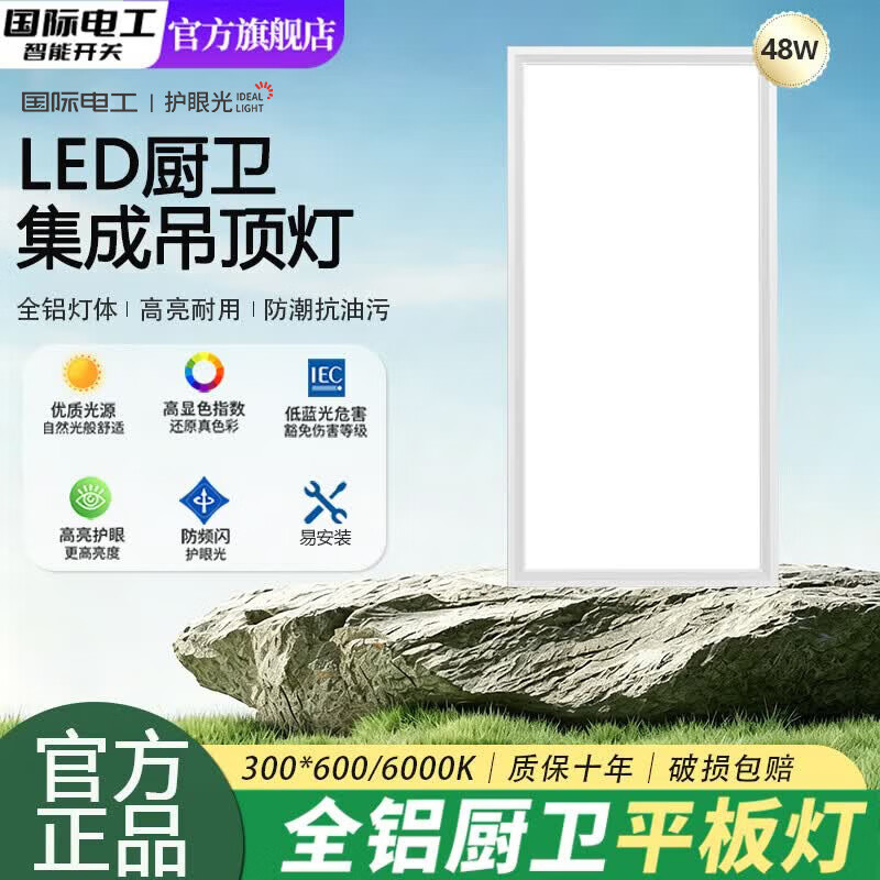 国际电工厨房灯铝扣板灯集成吊顶灯24瓦300x600卫生间LED吸顶灯平板面板灯 铝材款-48W【300*600】白光-高亮节能+柔光护眼