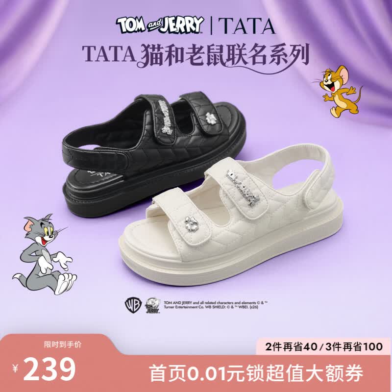 他她（TATA）猫和老鼠联名波斯喵厚底凉鞋女运动沙滩鞋凉鞋新GOX19BL6 米色 37