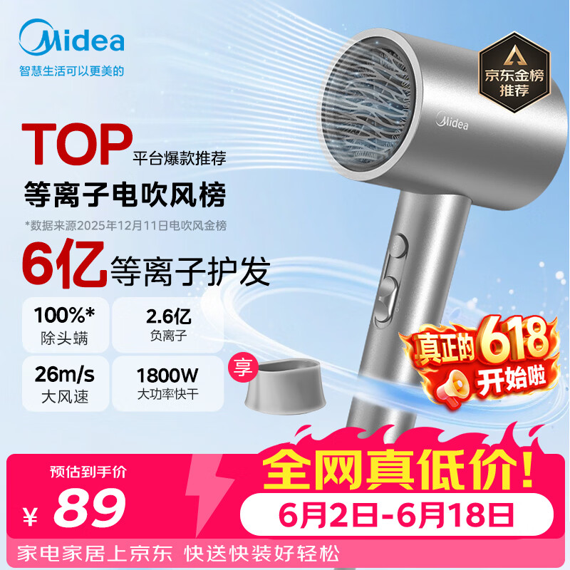 美的（Midea）6亿等离子护发电吹风 家用负离子护发吹风筒 1800W大功率快干吹风机FJ308银 节日礼物 价保618