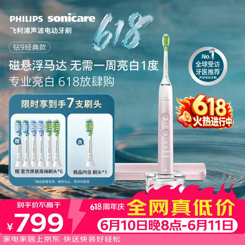 飞利浦（PHILIPS）声波电动牙刷高端钻石9系 10倍洁净去除99.9%牙渍 生日礼物送女友HX9911/68粉