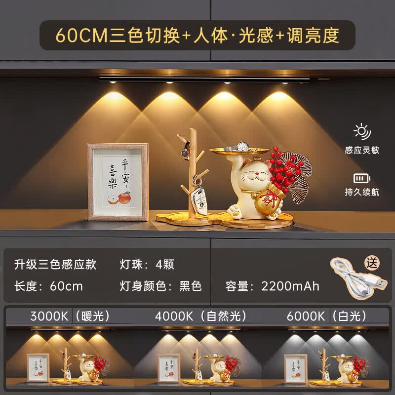 大头人创意人体感应灯猫眼山丘波纹灯条led充电玄关酒柜橱柜灯带 30cm【无需打孔、赠Type-C线】 LED