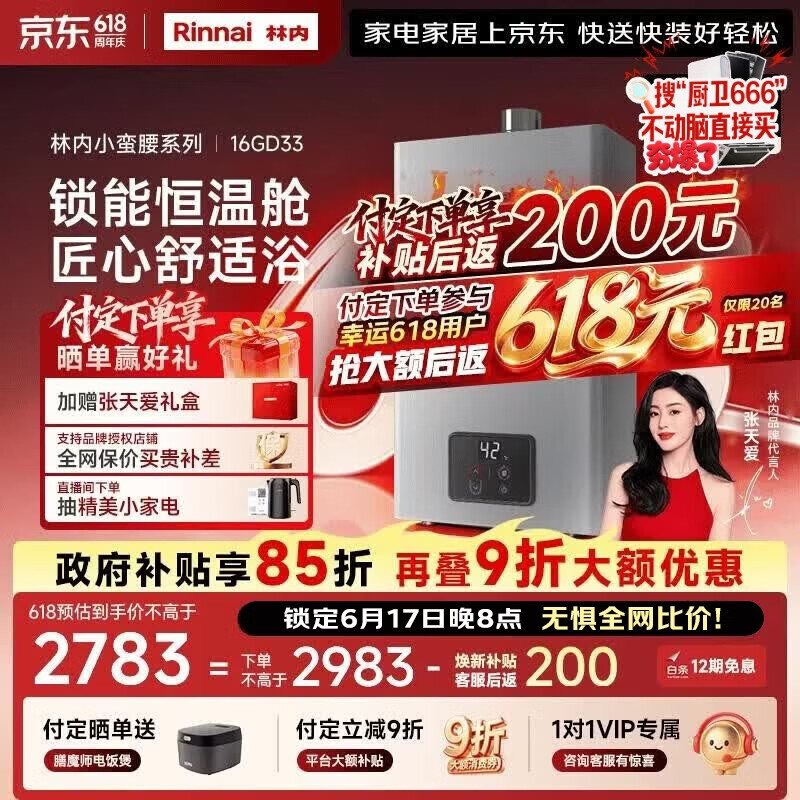 林内（Rinnai）【小蛮腰Pro plus】16升极光灰燃气热水器  超能恒温芯 恒温热水器上门安装 16GD33（JSQ31-GD33）