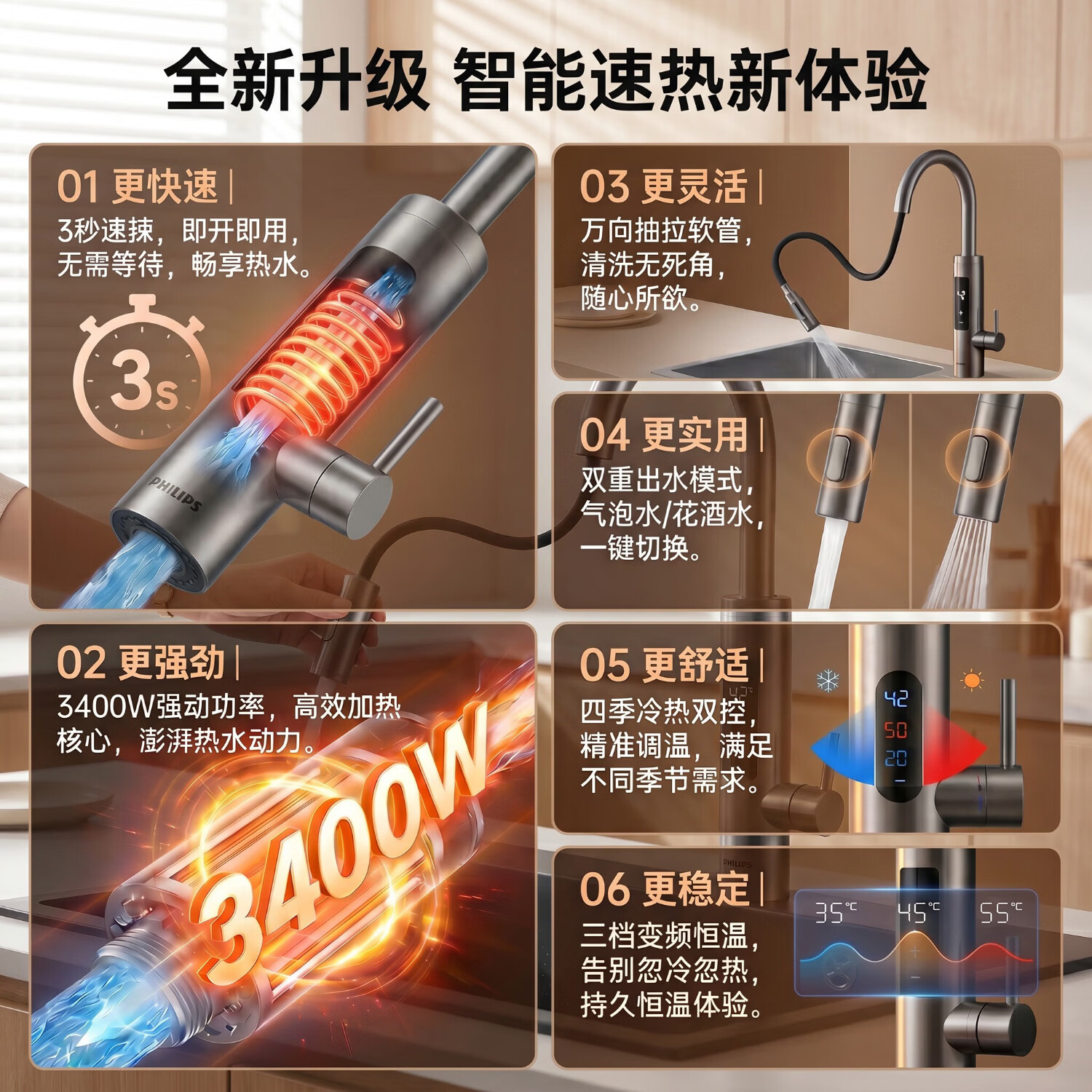 飞利浦电热水龙头即热式变频恒温冷热两用速热家用厨房卫生间数显加热热水器热水宝洗脸盆包安装1173 不锈钢+漏保