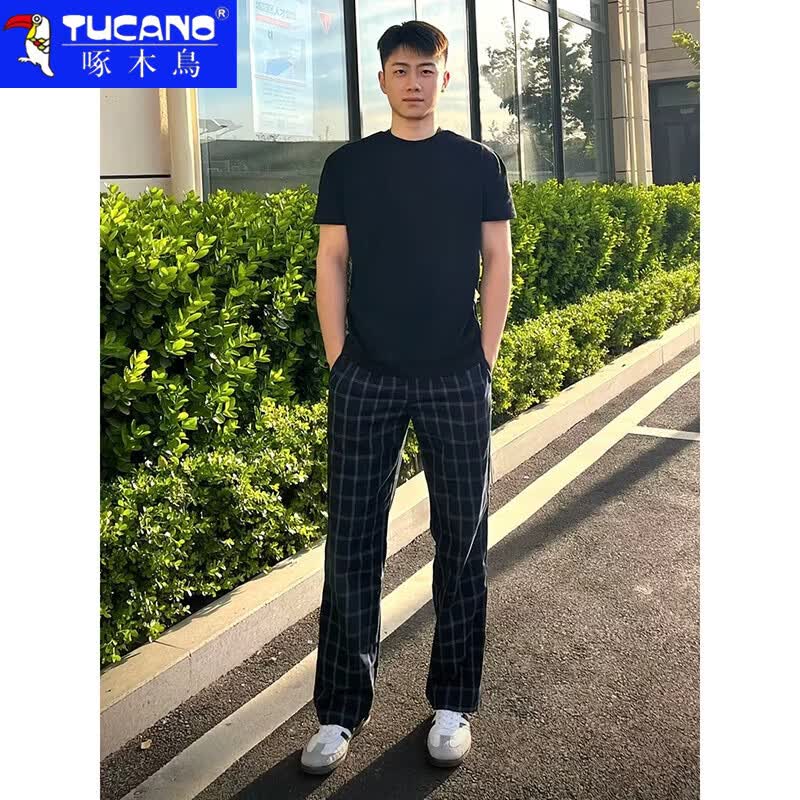 啄木鸟休闲裤男2026夏季新款美式高街格子微喇裤子男宽松百搭直筒长裤男 深蓝色 XL 建议130-150斤