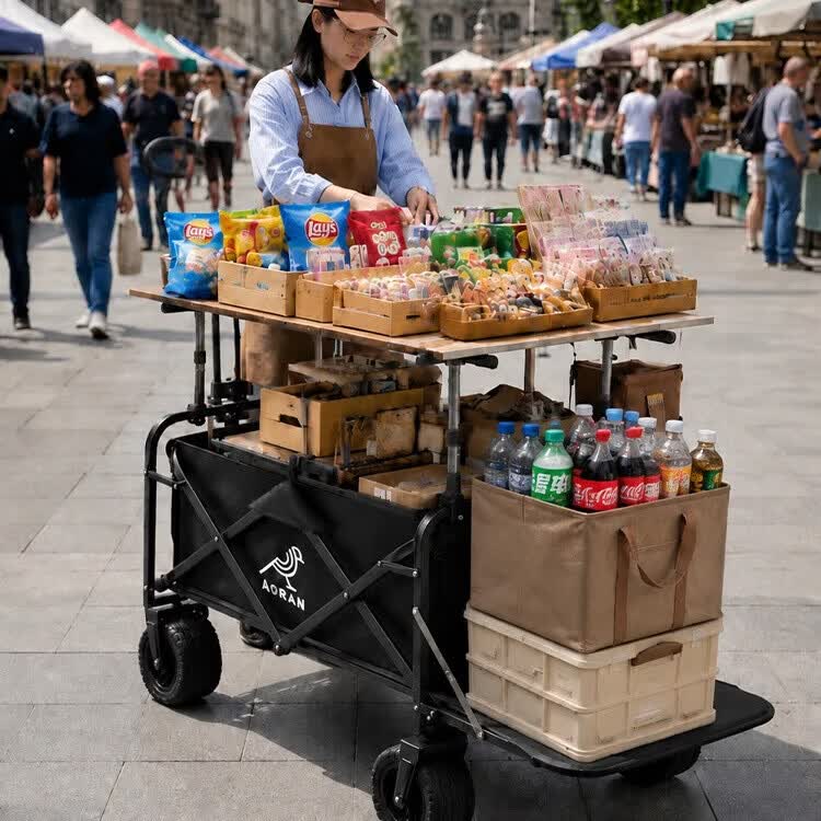 Aoran露营车摆摊车户外折叠大容量手推车带升降桌板夜市路边创业装备 【后开设计】双刹坦克轮+三档升降桌板-黑色