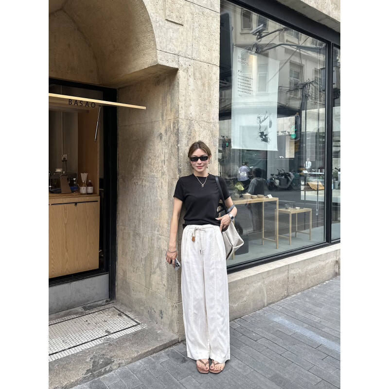 LE ALFASHIONLINE【断码清仓】天丝亚麻休闲裤女新款春季薄款宽松简约垂感拖地裤 白色 现货 M 京东折扣/优惠券