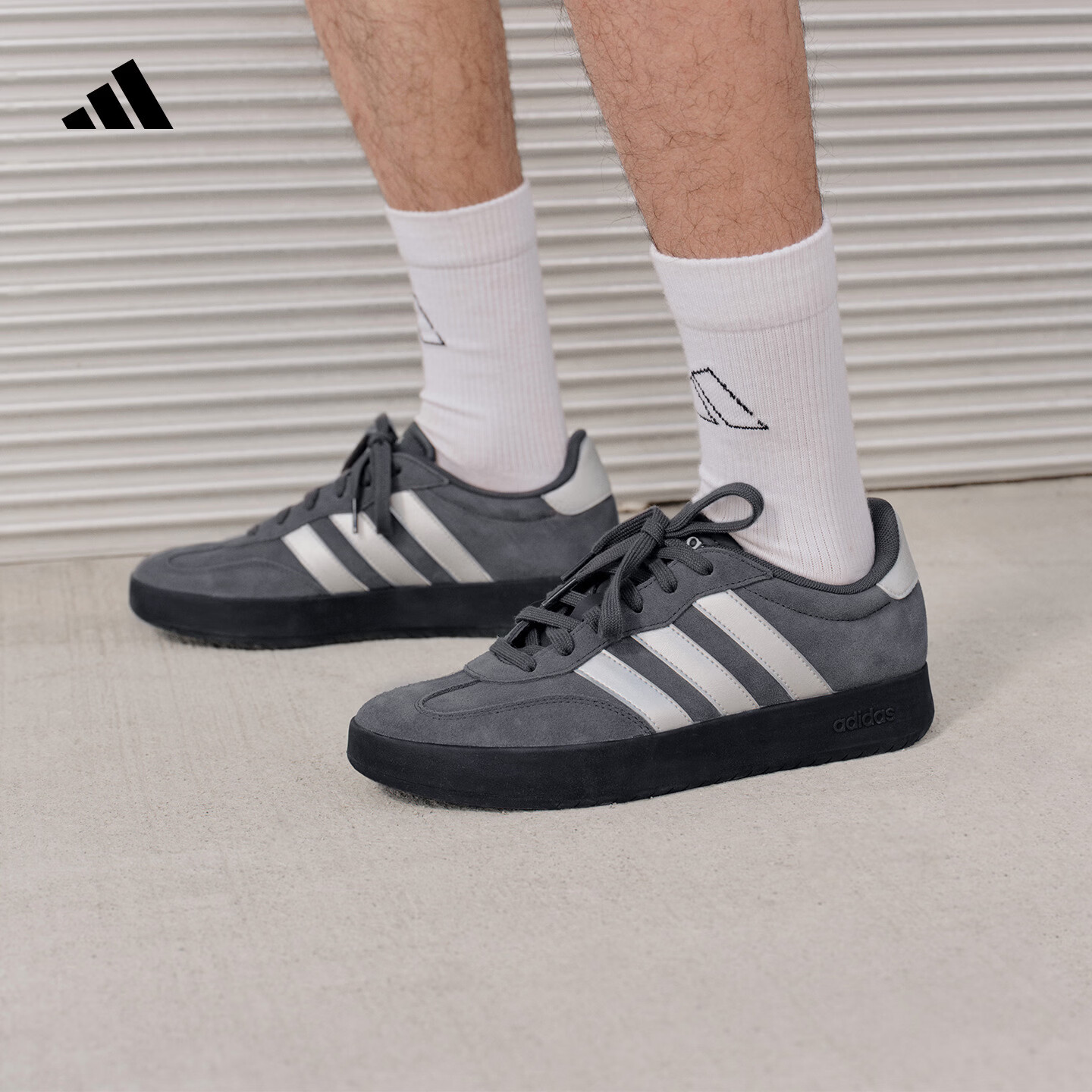 adidas「T头鞋」BARREDA休闲板鞋德训鞋男女阿迪达斯轻运动   深灰/金属银   44